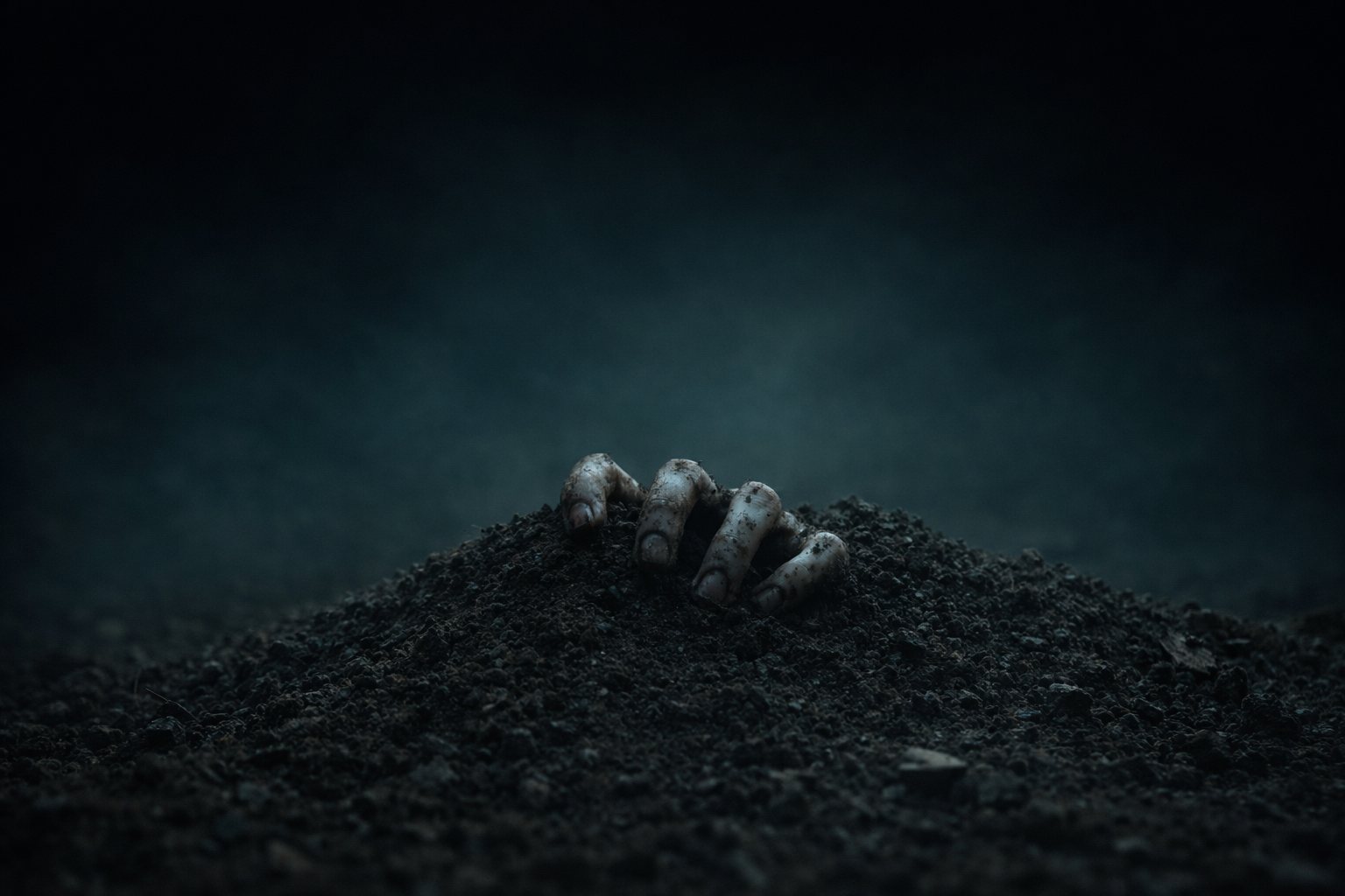 A hand emerging from a mound of dark soil