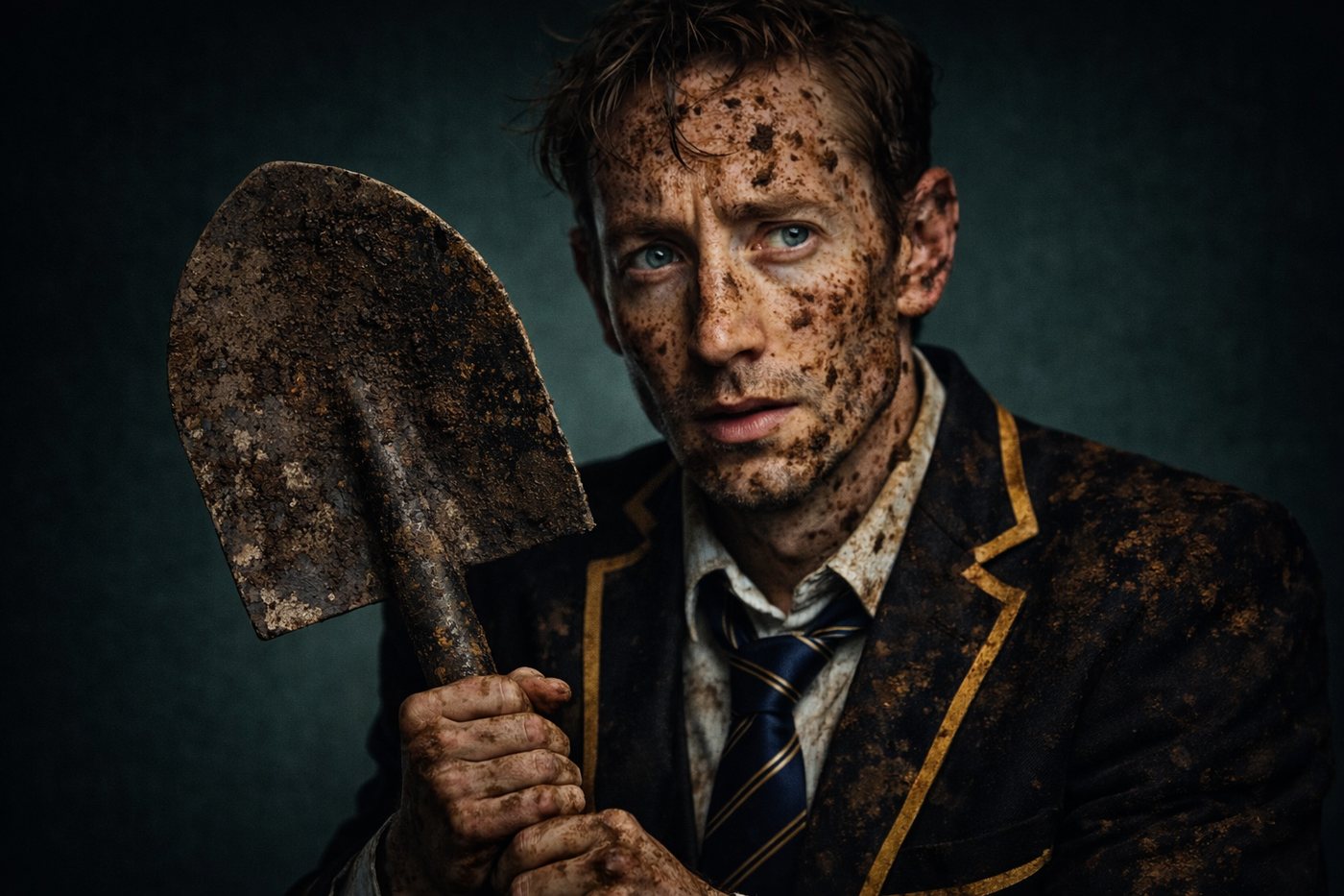 Collegiality — a muddied schoolboy in blazer and tie holds a shovel