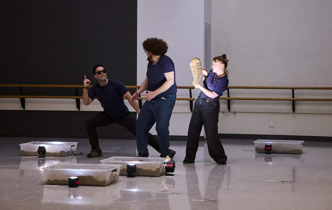 The Dig rehearsal — a lunge, a trilobite, and a moment of alarm