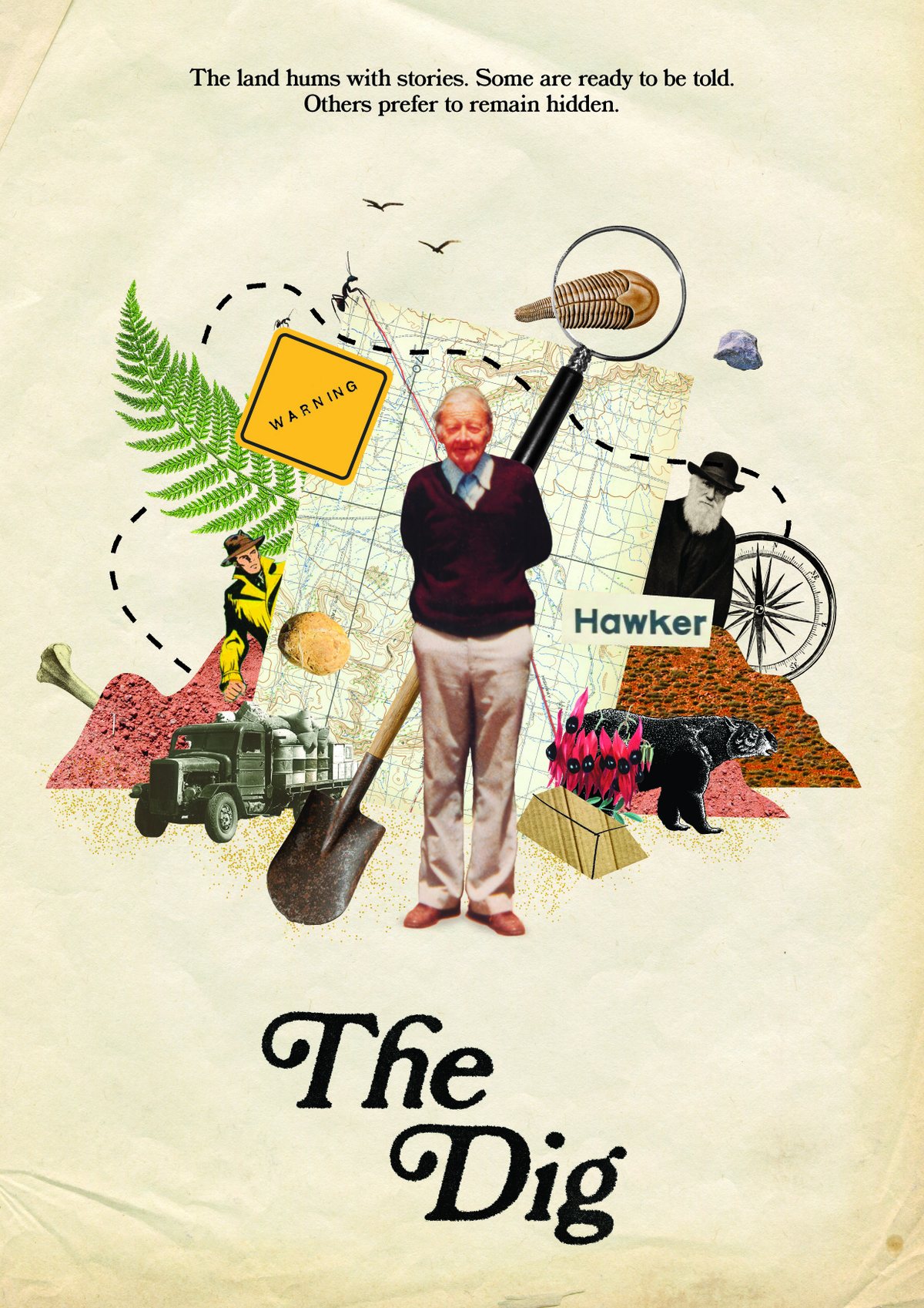 The Dig — collage artwork of Flinders Ranges stories around a map of Hawker